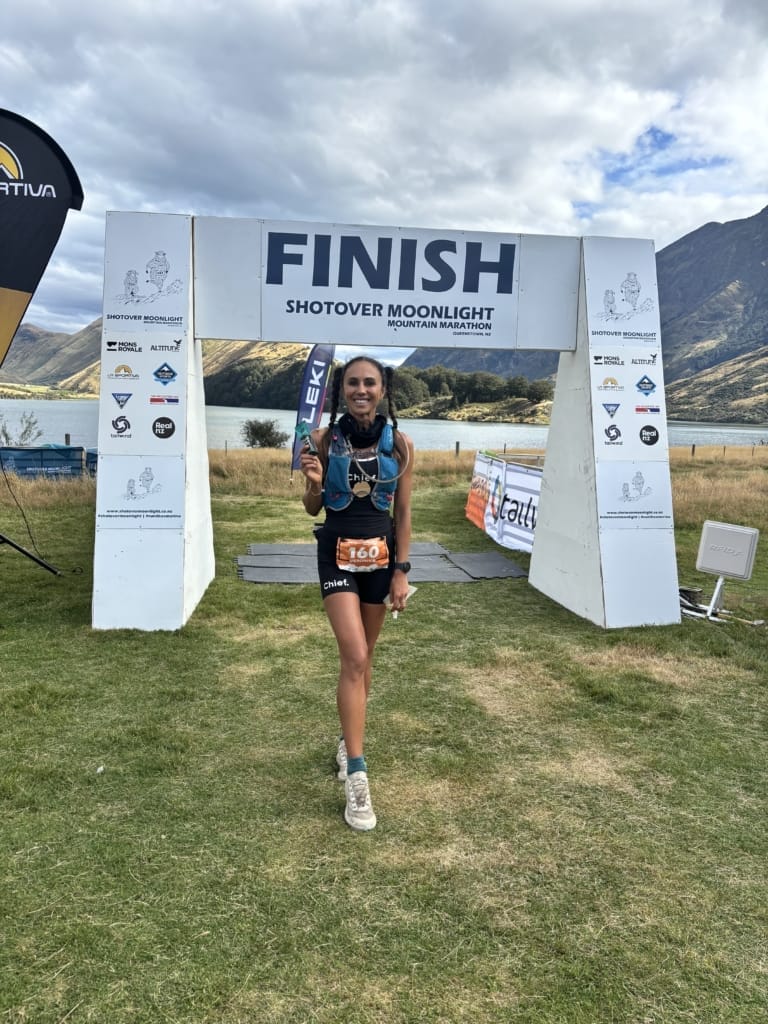 Veronika Larisova finishing the Shotover Moonight Mountain Marathon in 2024